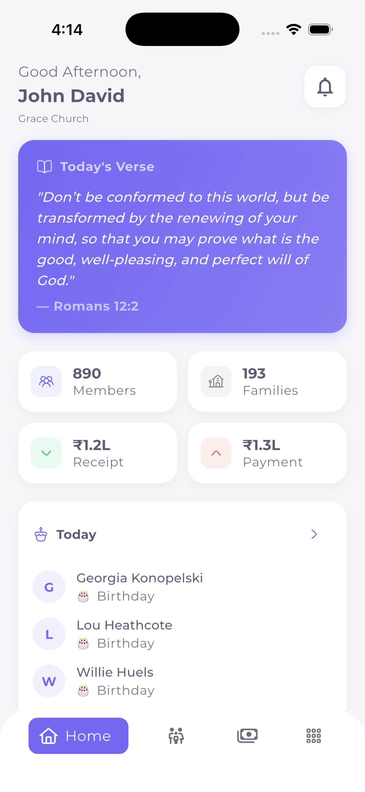 ChurchBell mobile app home screen